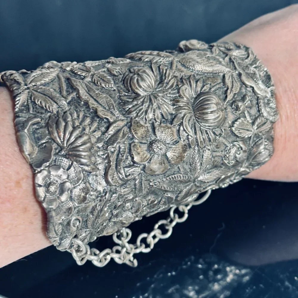 Floral Sterling Silver Cuff Bracelet Wide Art Nouveau 925 Kirk Stieff Repoussé